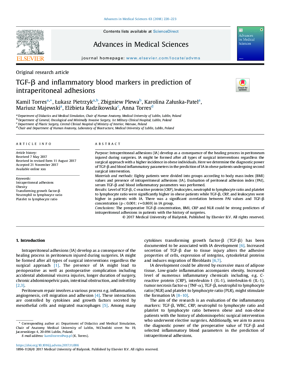 TGF-Î² and inflammatory blood markers in prediction of intraperitoneal adhesions