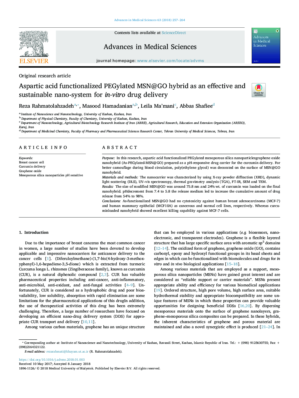 Aspartic acid functionalized PEGylated MSN@GO hybrid as an effective and sustainable nano-system for in-vitro drug delivery