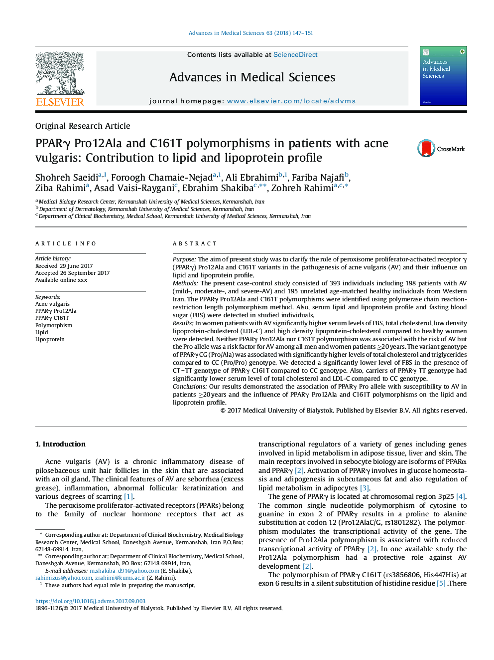 PPARÎ³ Pro12Ala and C161T polymorphisms in patients with acne vulgaris: Contribution to lipid and lipoprotein profile