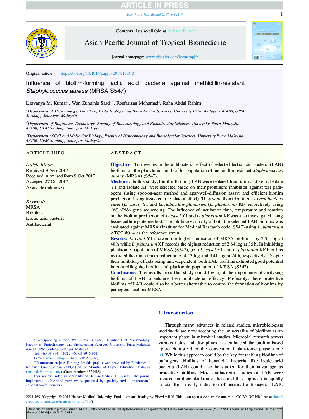Influence of biofilm-forming lactic acid bacteria against methicillin-resistant Staphylococcus aureus (MRSA S547)