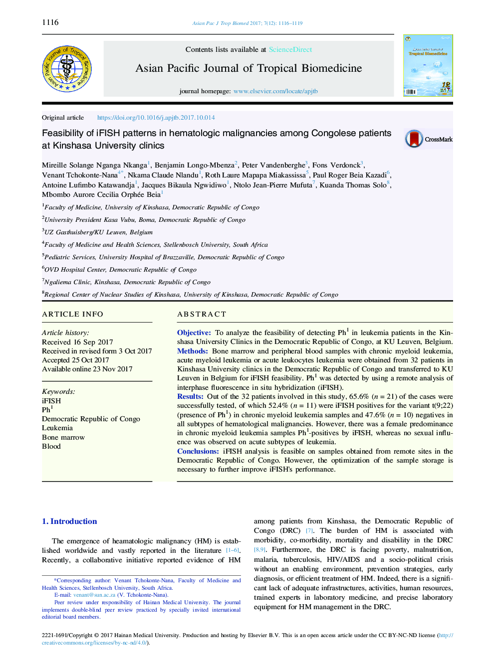 Feasibility of iFISH patterns in hematologic malignancies among Congolese patients at Kinshasa University clinics