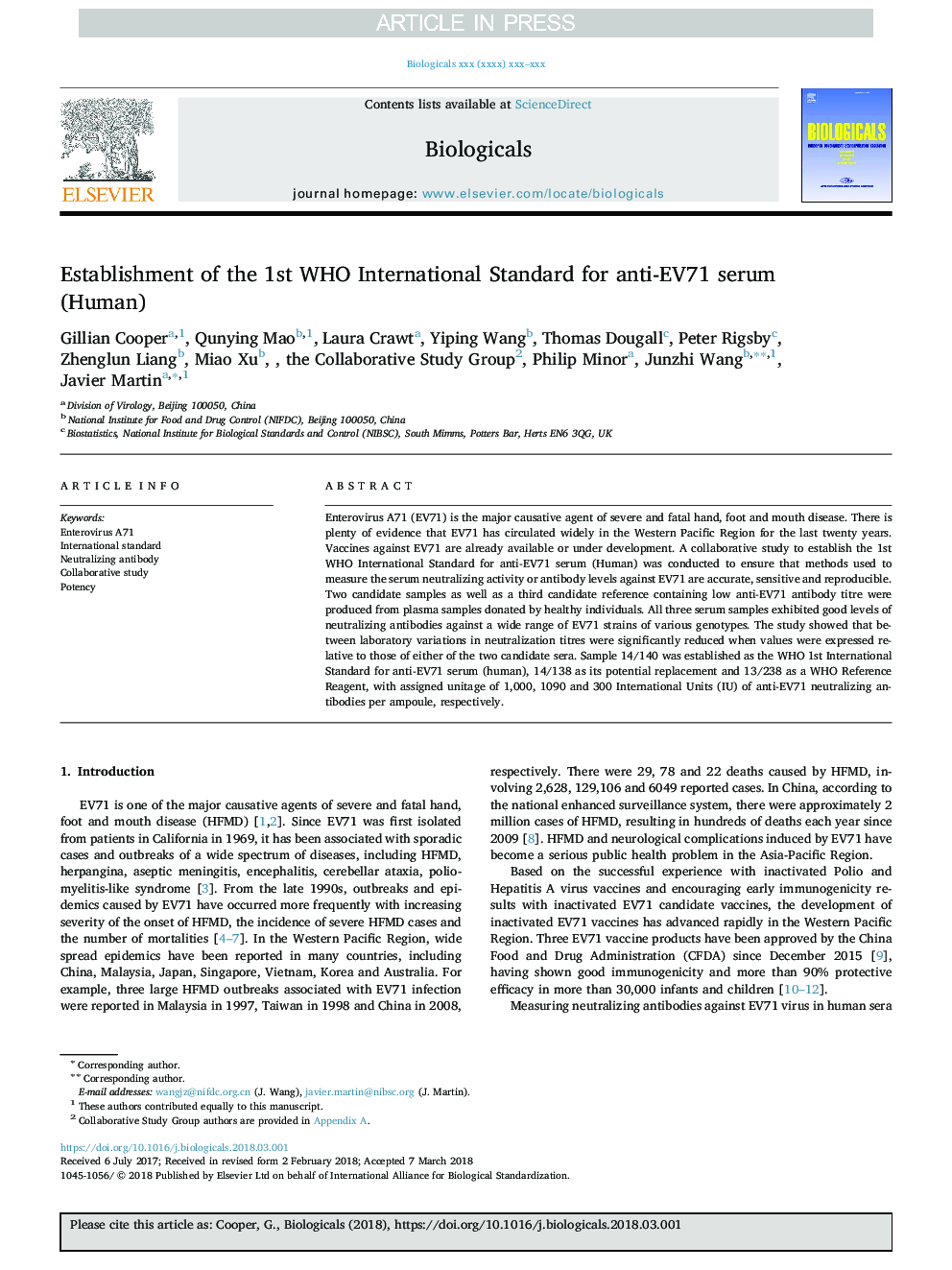 Establishment of the 1st WHO International Standard for anti-EV71 serum (Human)