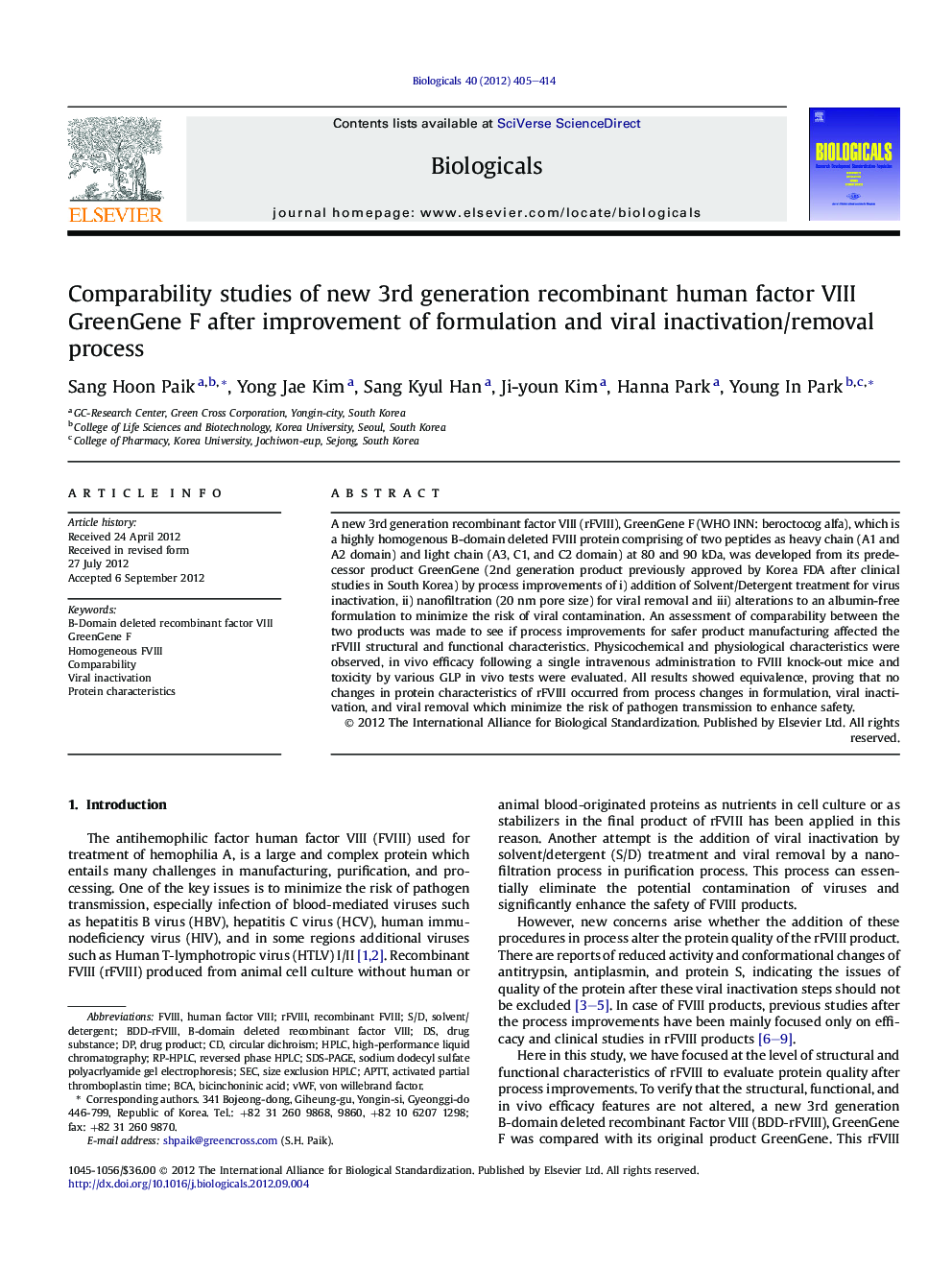Comparability studies of new 3rd generation recombinant human factor VIII GreenGene F after improvement of formulation and viral inactivation/removal process