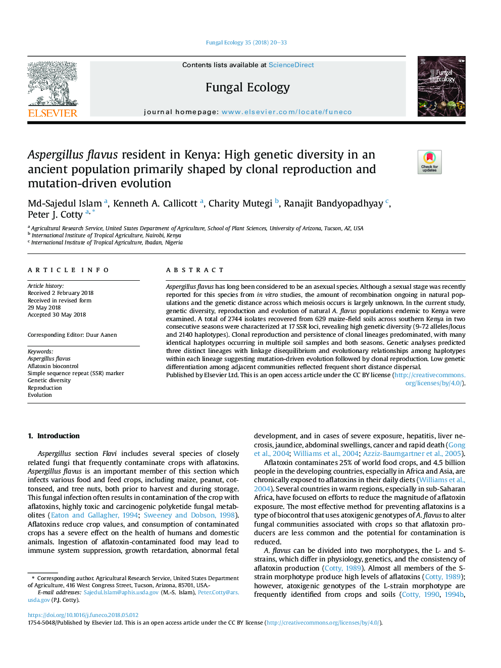 Aspergillus flavus resident in Kenya: High genetic diversity in an ancient population primarily shaped by clonal reproduction and mutation-driven evolution