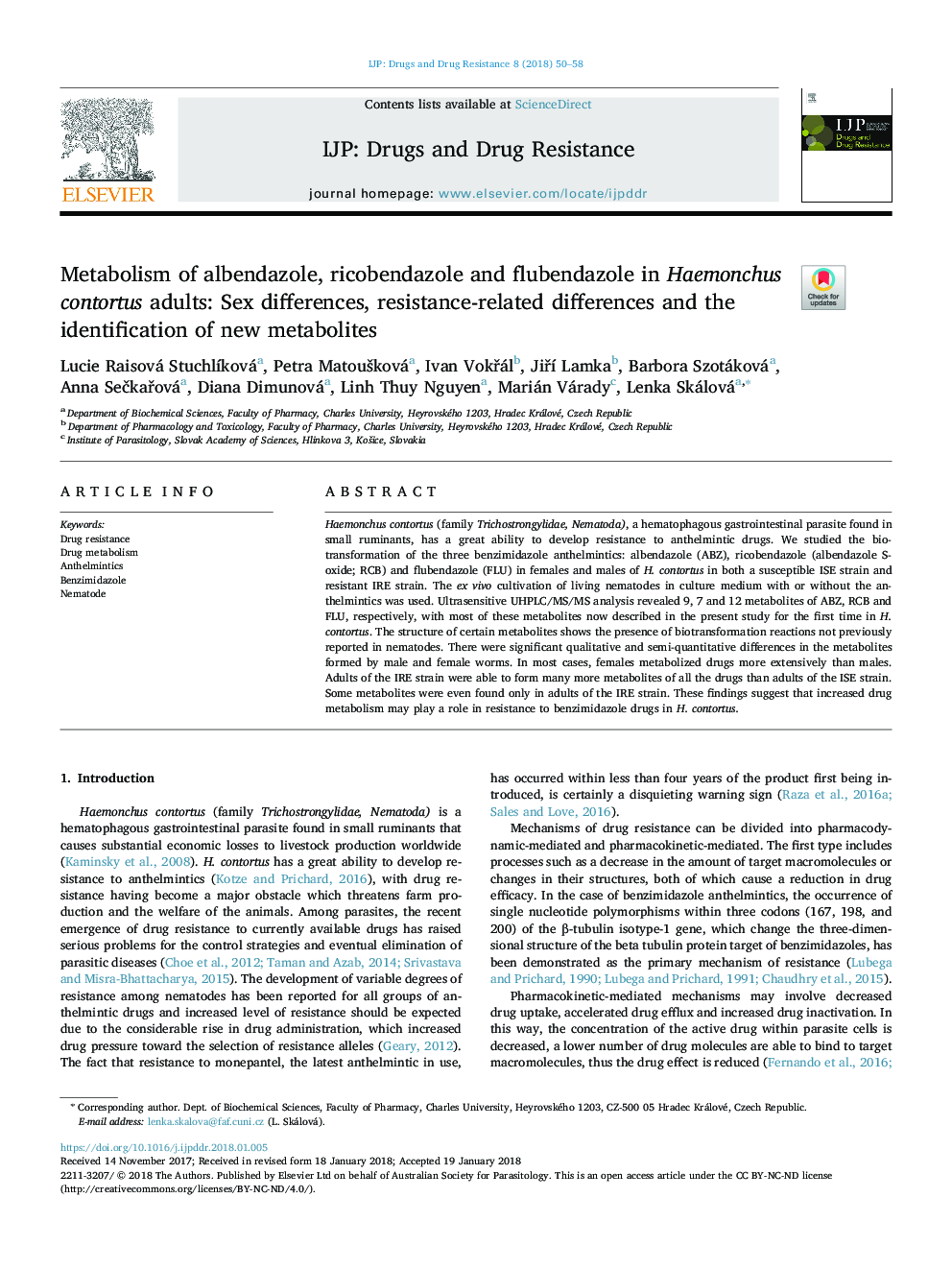 Metabolism of albendazole, ricobendazole and flubendazole in Haemonchus contortus adults: Sex differences, resistance-related differences and the identification of new metabolites