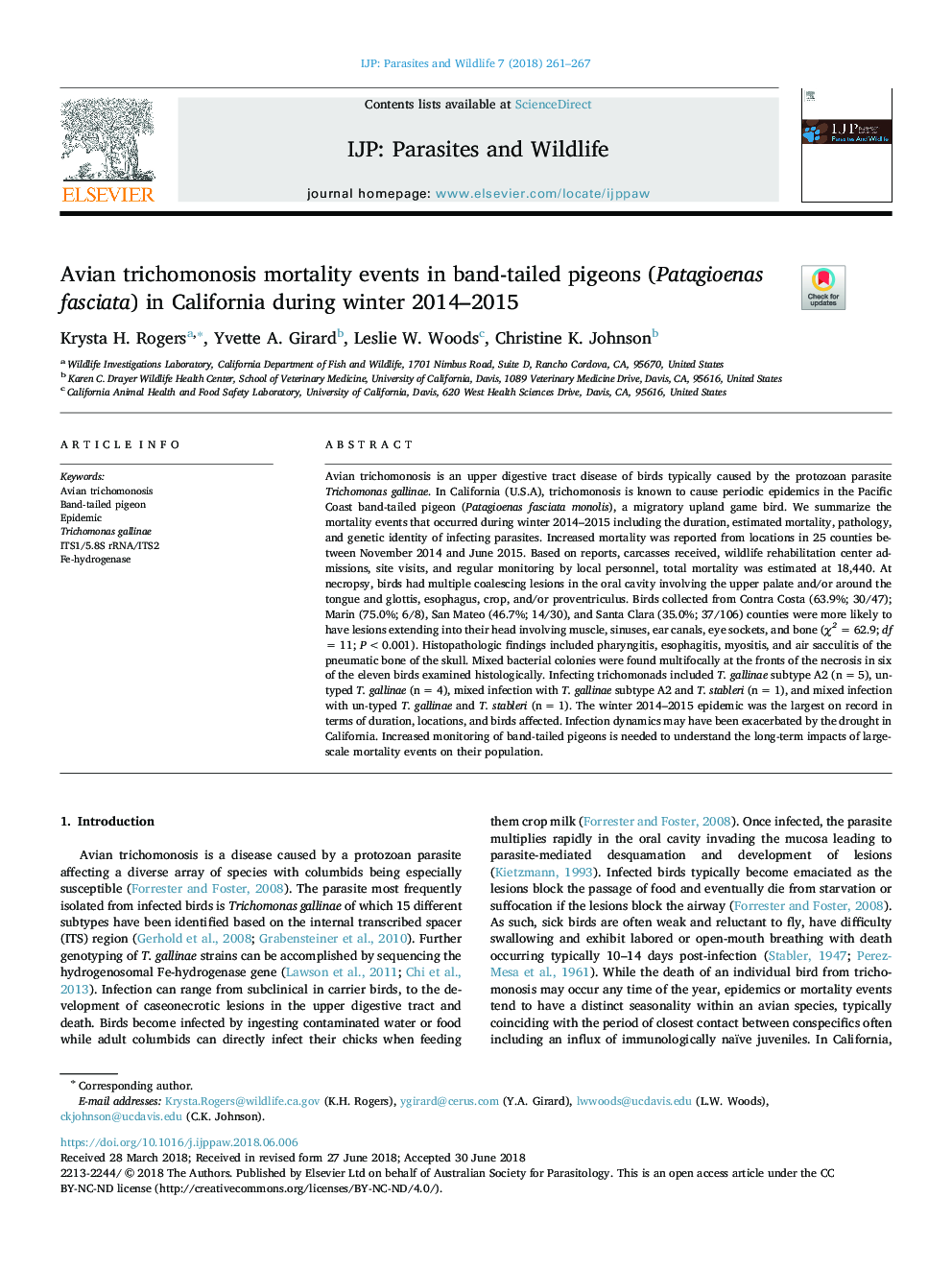 Avian trichomonosis mortality events in band-tailed pigeons (Patagioenas fasciata) in California during winter 2014-2015