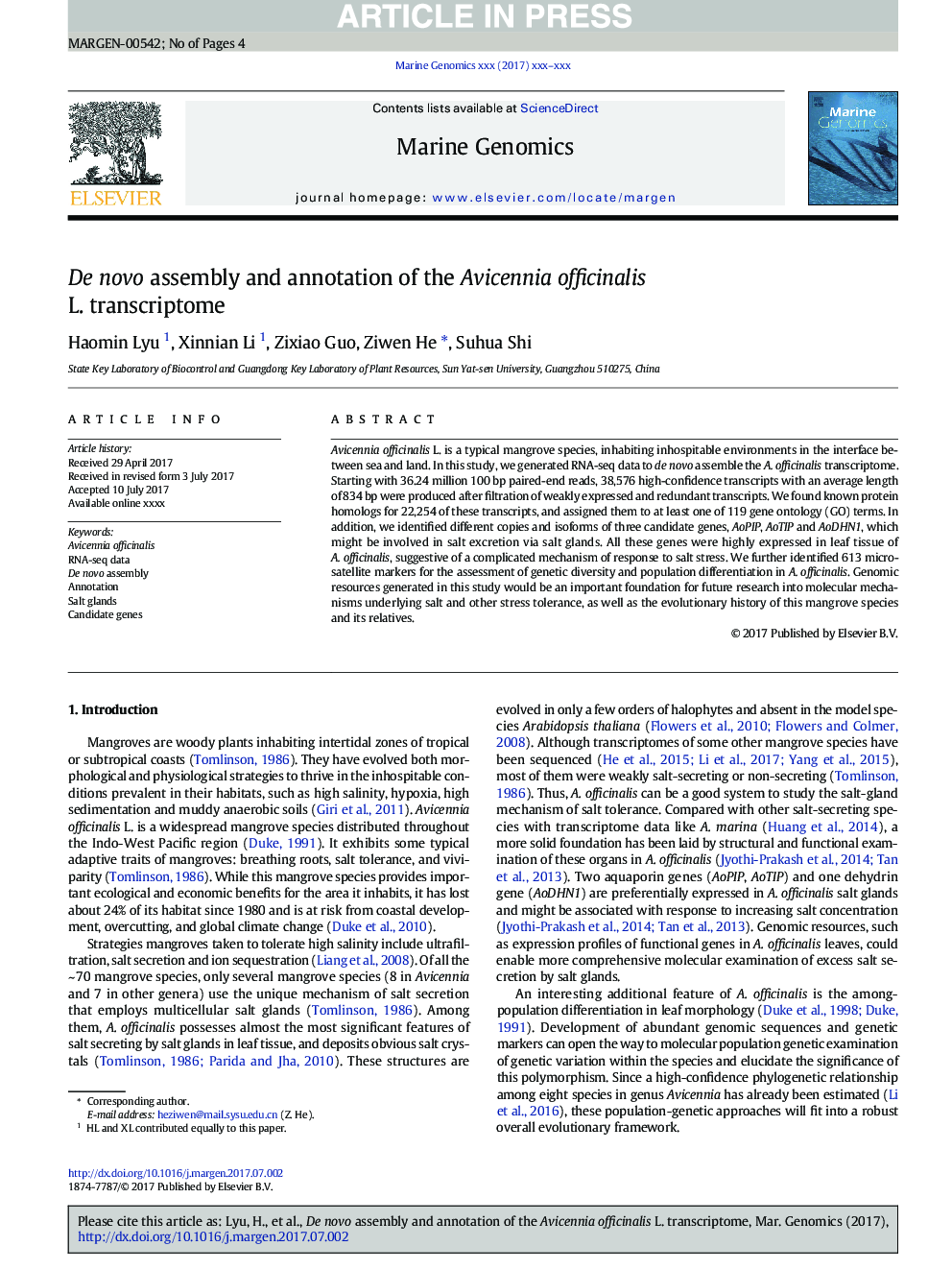 De novo assembly and annotation of the Avicennia officinalis L. transcriptome