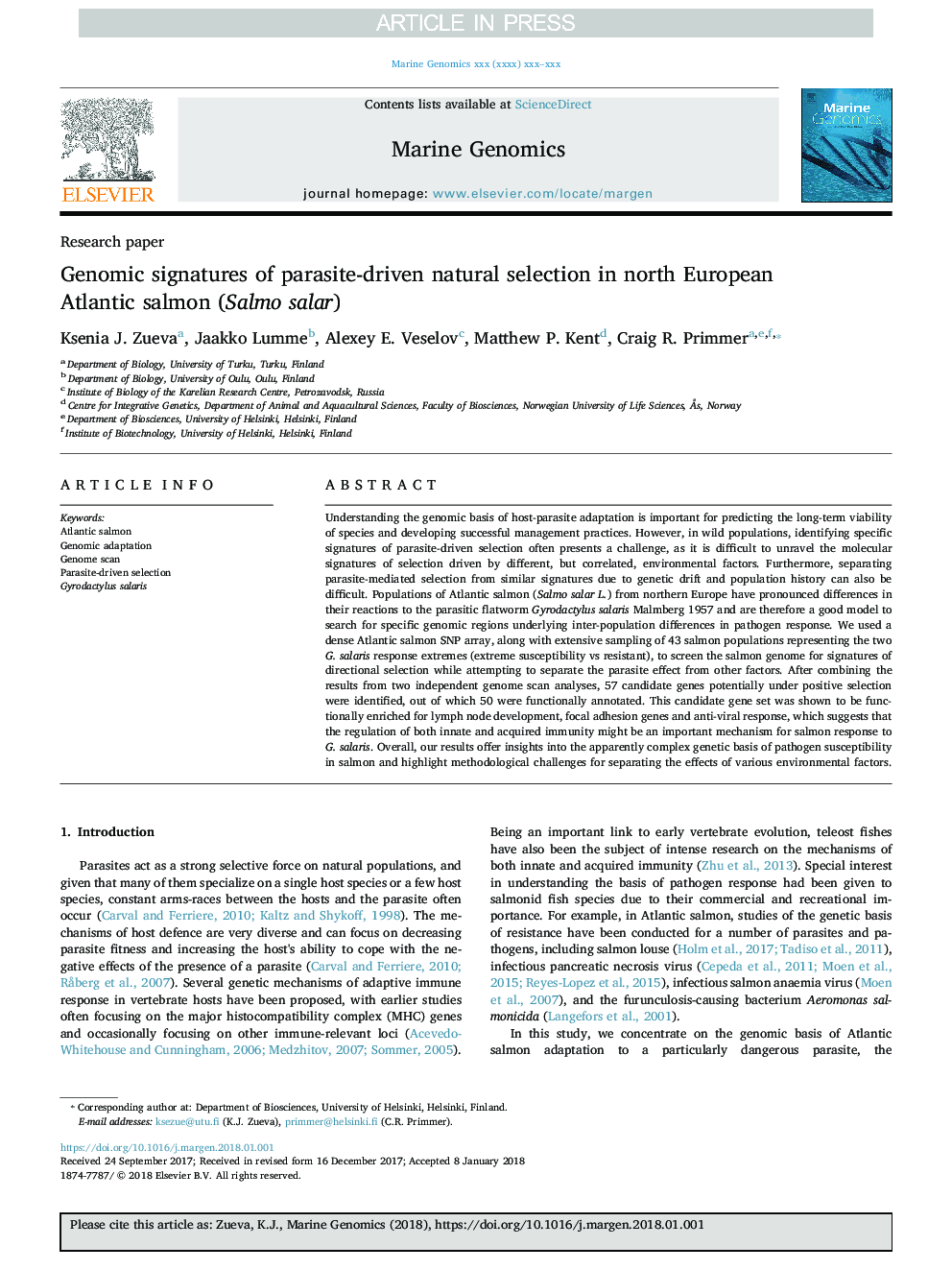 Genomic signatures of parasite-driven natural selection in north European Atlantic salmon (Salmo salar)