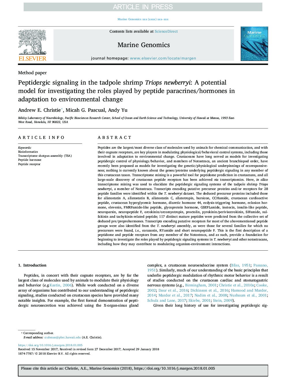 Peptidergic signaling in the tadpole shrimp Triops newberryi: A potential model for investigating the roles played by peptide paracrines/hormones in adaptation to environmental change