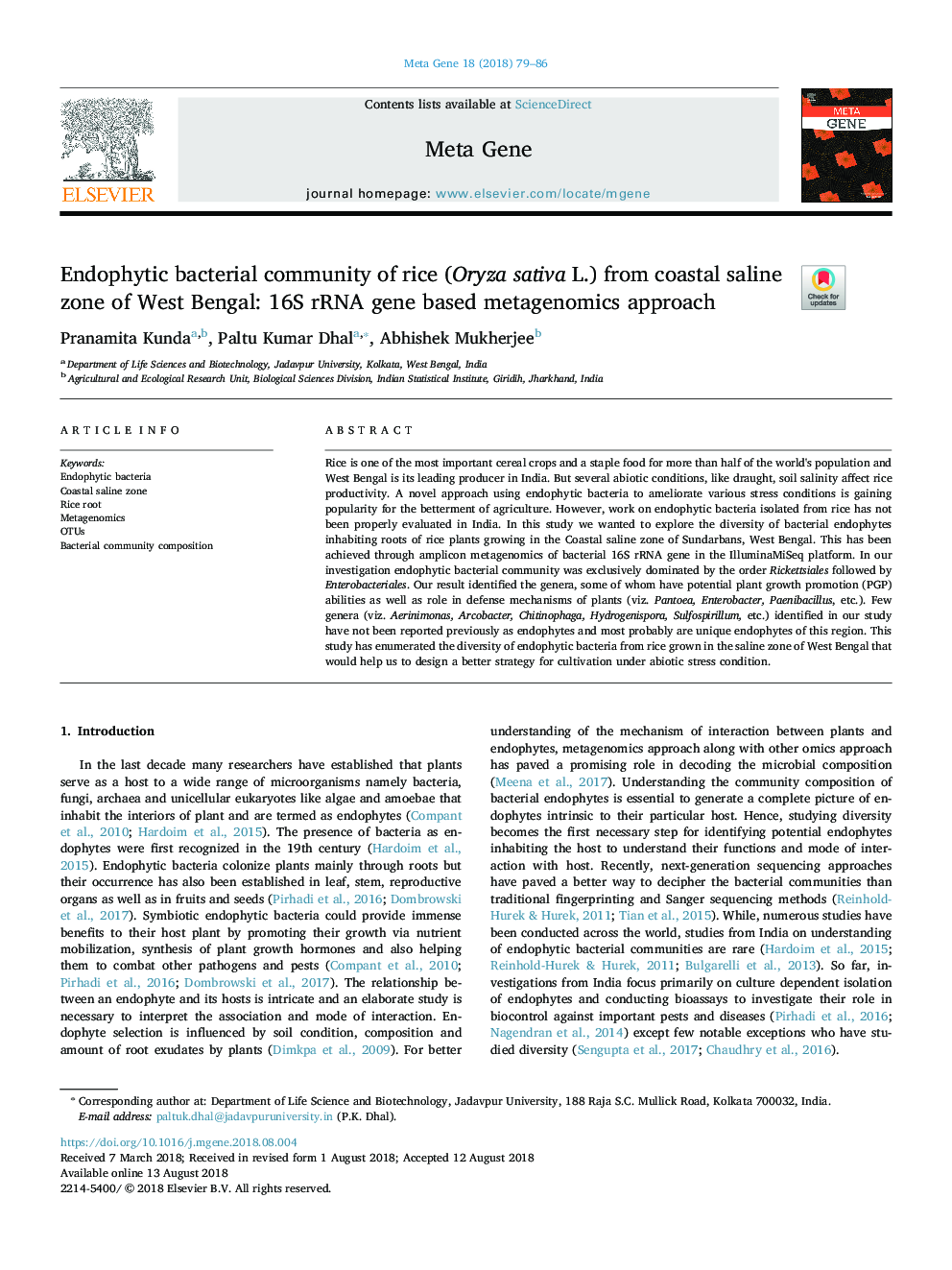 Endophytic bacterial community of rice (Oryza sativa L.) from coastal saline zone of West Bengal: 16S rRNA gene based metagenomics approach