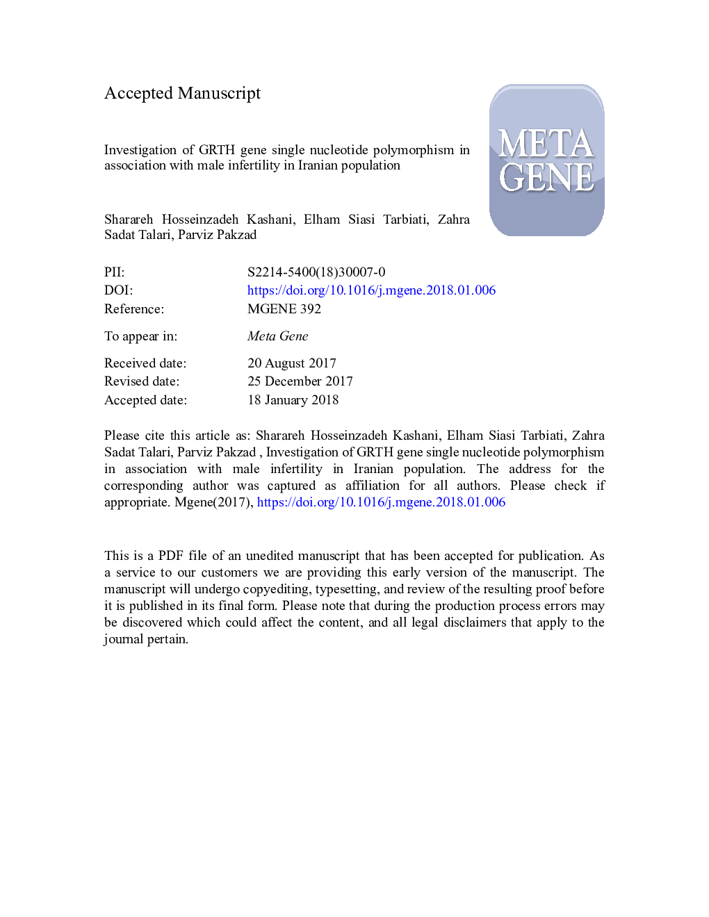 Investigation of GRTH gene single nucleotide polymorphism in association with male infertility in Iranian population