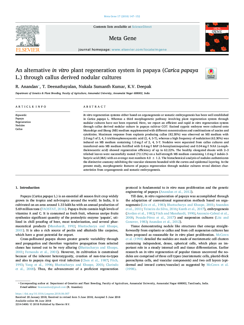 An alternative in vitro plant regeneration system in papaya (Carica papaya L.) through callus derived nodular cultures
