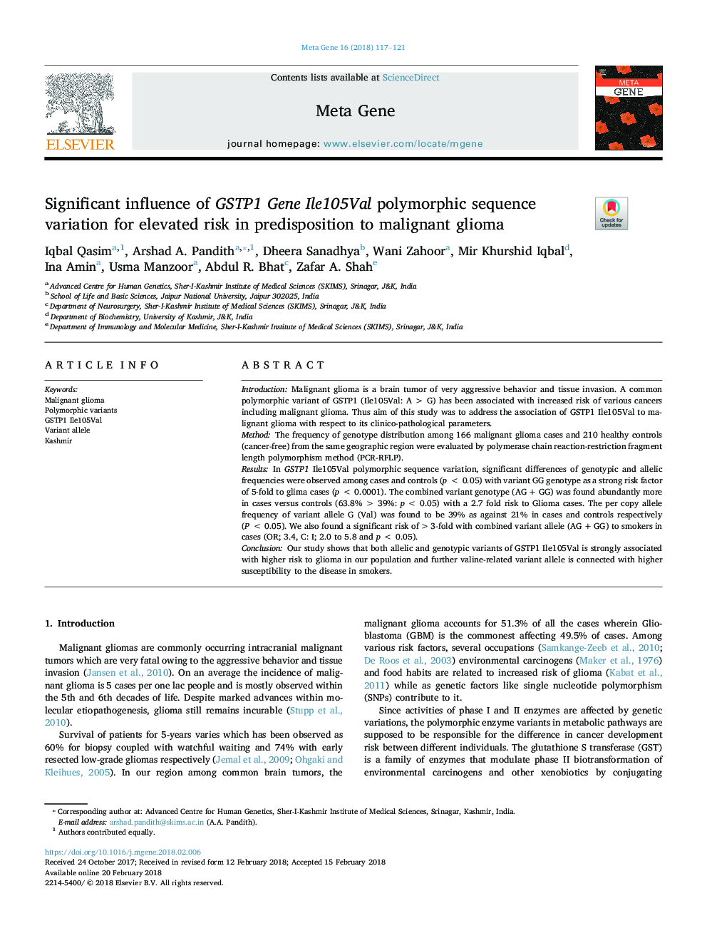 Significant influence of GSTP1 Gene Ile105Val polymorphic sequence variation for elevated risk in predisposition to malignant glioma