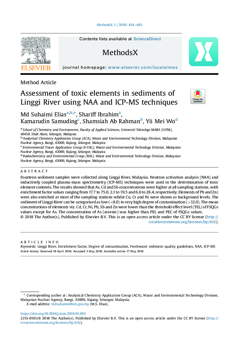 Assessment of toxic elements in sediments of Linggi River using NAA and ICP-MS techniques