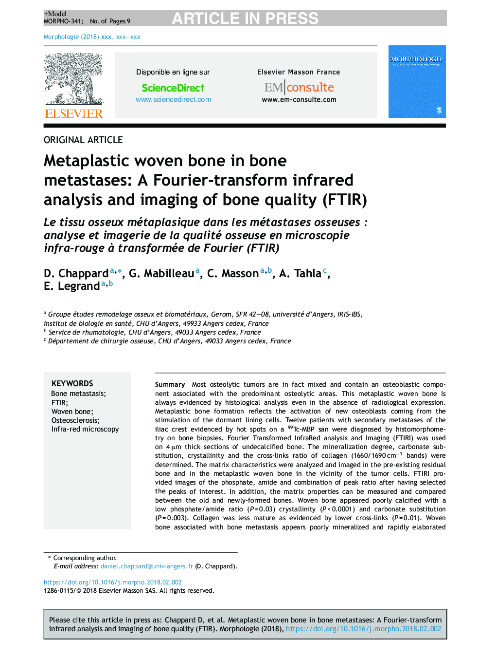 Metaplastic woven bone in bone metastases: A Fourier-transform infrared analysis and imaging of bone quality (FTIR)