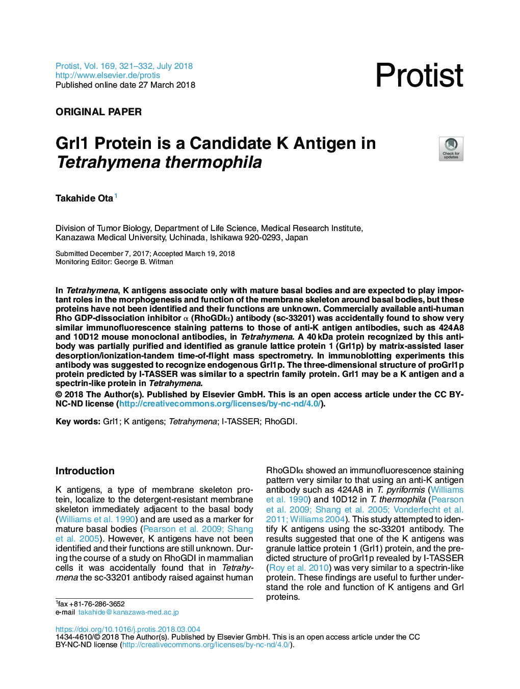 Grl1 Protein is a Candidate K Antigen in Tetrahymena thermophila