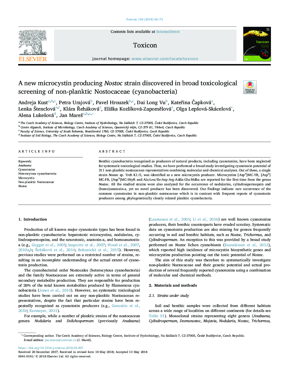 A new microcystin producing Nostoc strain discovered in broad toxicological screening of non-planktic Nostocaceae (cyanobacteria)