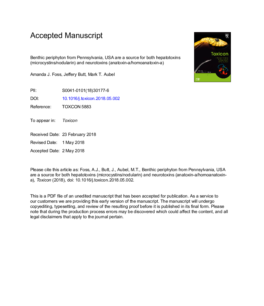 Benthic periphyton from Pennsylvania, USA is a source for both hepatotoxins (microcystins/nodularin) and neurotoxins (anatoxin-a/homoanatoxin-a)