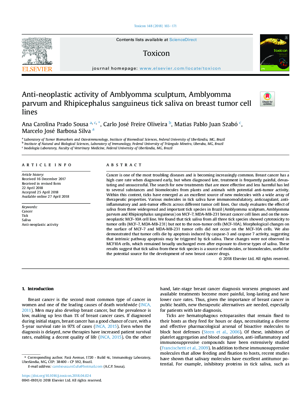 Anti-neoplastic activity of Amblyomma sculptum, Amblyomma parvum and Rhipicephalus sanguineus tick saliva on breast tumor cell lines