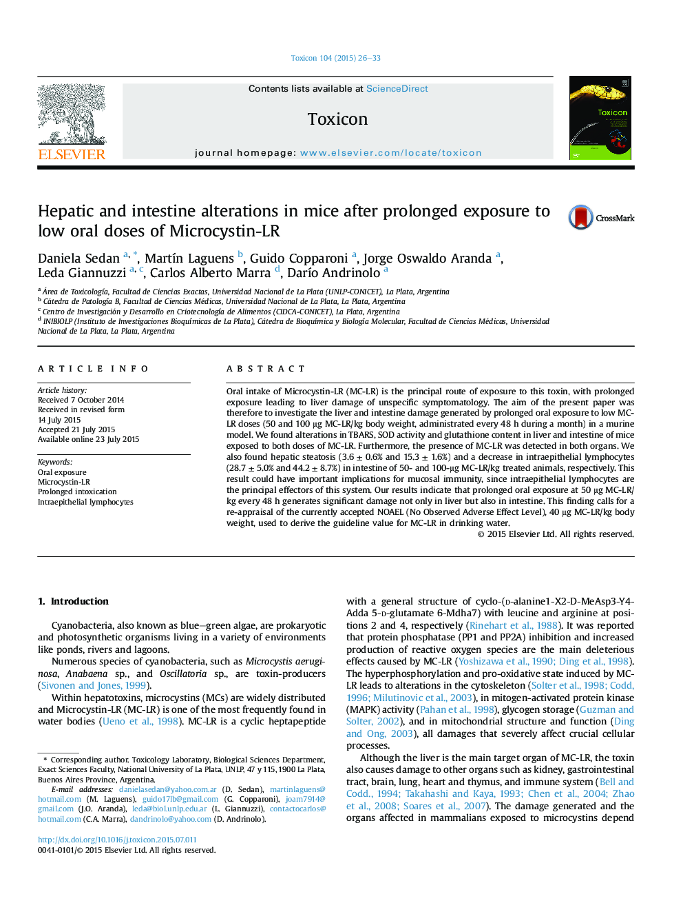 Hepatic and intestine alterations in mice after prolonged exposure to low oral doses of Microcystin-LR