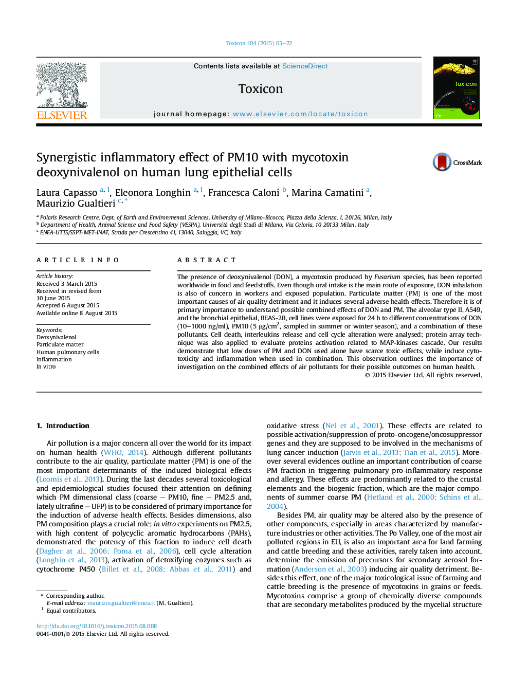 Synergistic inflammatory effect of PM10 with mycotoxin deoxynivalenol on human lung epithelial cells