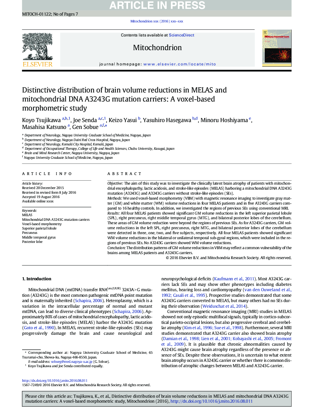 Distinctive distribution of brain volume reductions in MELAS and mitochondrial DNA A3243G mutation carriers: A voxel-based morphometric study