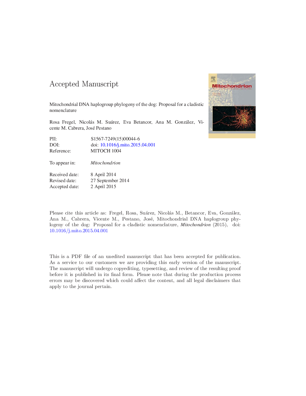 Mitochondrial DNA haplogroup phylogeny of the dog: Proposal for a cladistic nomenclature