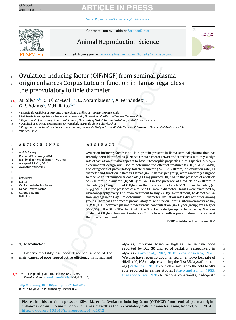 Ovulation-inducing factor (OIF/NGF) from seminal plasma origin enhances Corpus Luteum function in llamas regardless the preovulatory follicle diameter