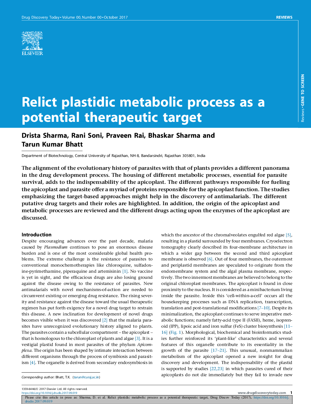 فرآیند متابولیک پلاستیدیک را به عنوان یک هدف بالقوه درمانی تحریک می کند 