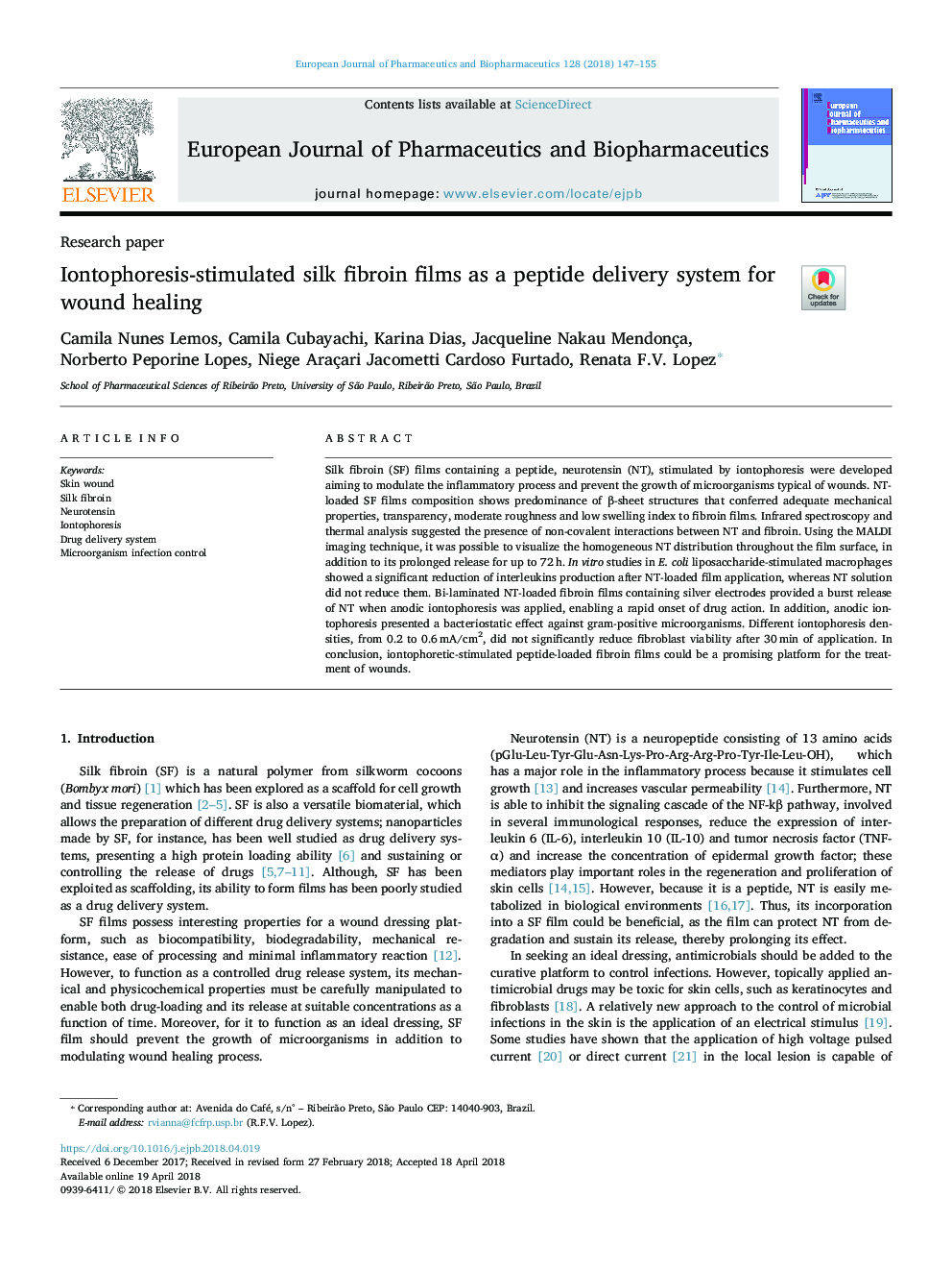 Iontophoresis-stimulated silk fibroin films as a peptide delivery system for wound healing