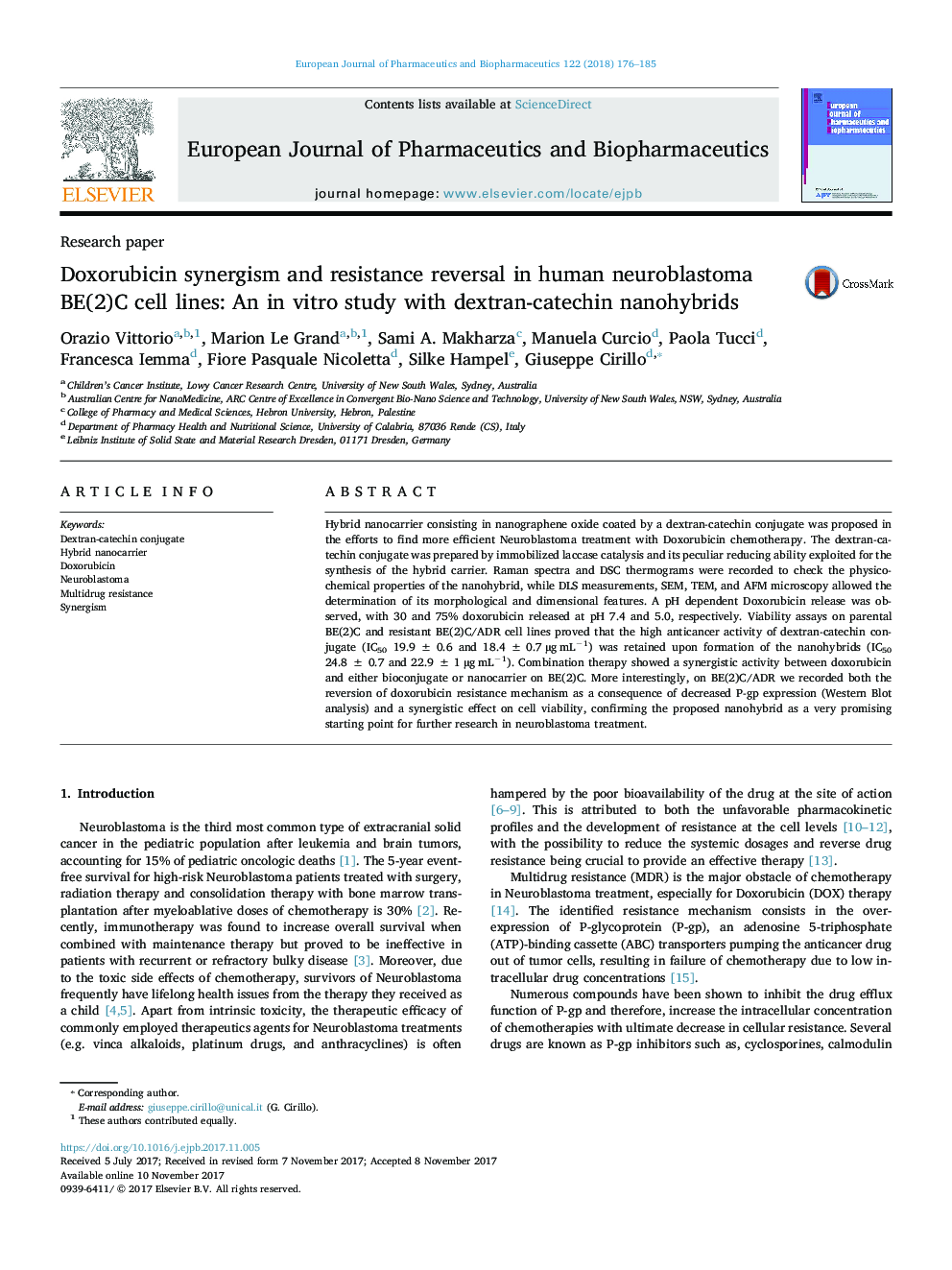 Doxorubicin synergism and resistance reversal in human neuroblastoma BE(2)C cell lines: An in vitro study with dextran-catechin nanohybrids