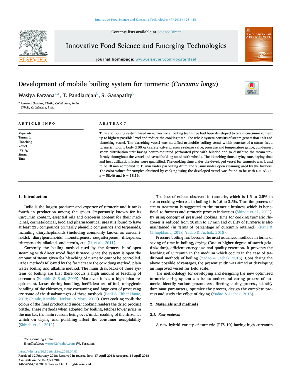 Development of mobile boiling system for turmeric (Curcuma longa)