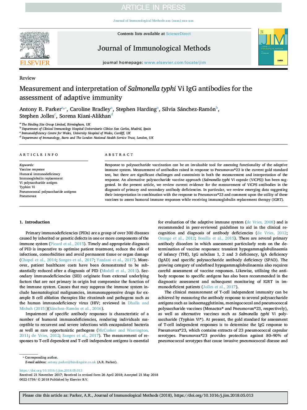 Measurement and interpretation of Salmonella typhi Vi IgG antibodies for the assessment of adaptive immunity