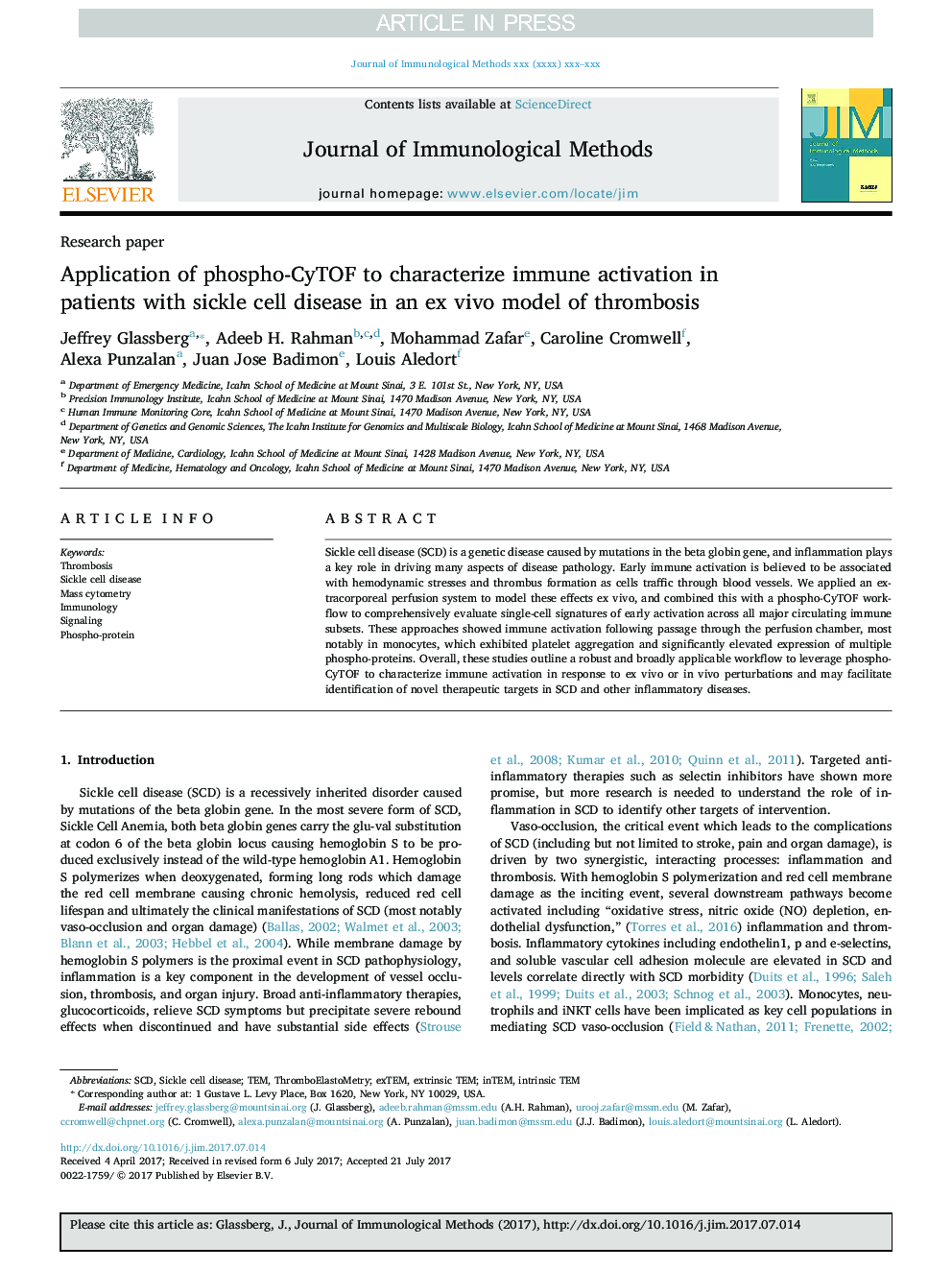 Application of phospho-CyTOF to characterize immune activation in patients with sickle cell disease in an ex vivo model of thrombosis