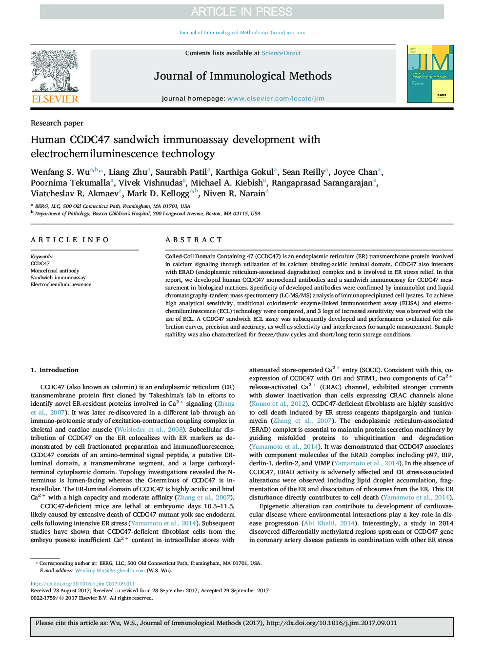 Human CCDC47 sandwich immunoassay development with electrochemiluminescence technology