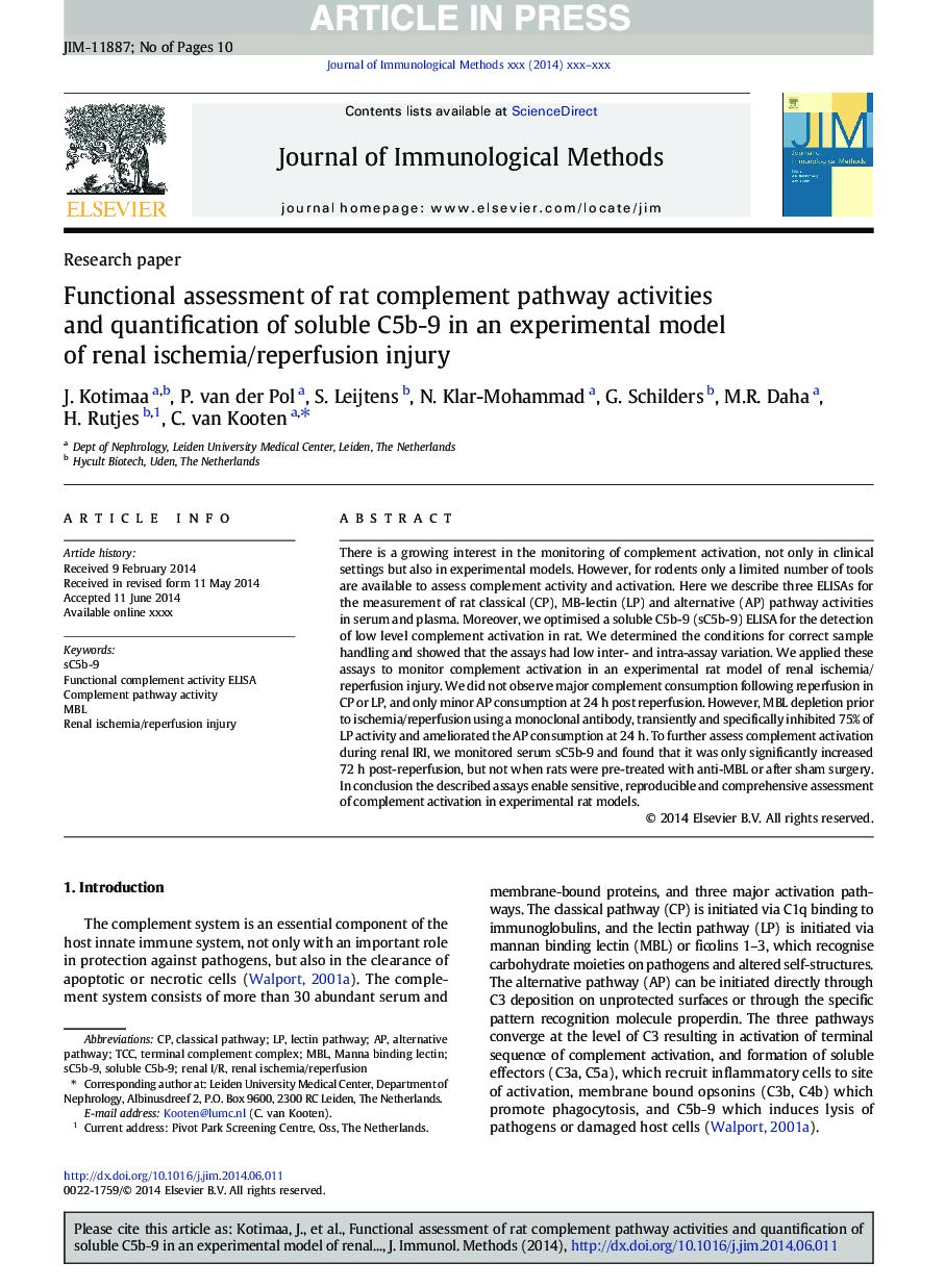 Functional assessment of rat complement pathway activities and quantification of soluble C5b-9 in an experimental model of renal ischemia/reperfusion injury