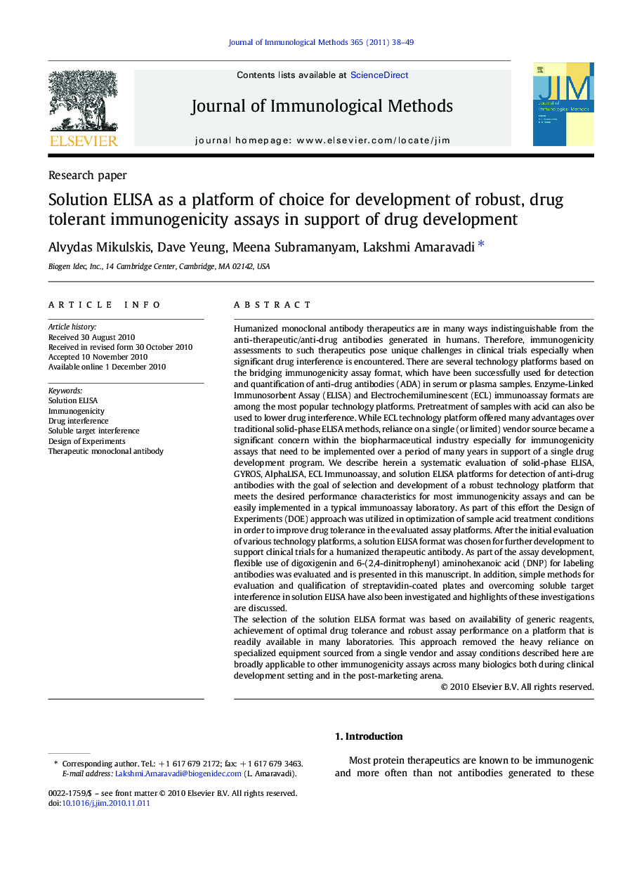Solution ELISA as a platform of choice for development of robust, drug tolerant immunogenicity assays in support of drug development