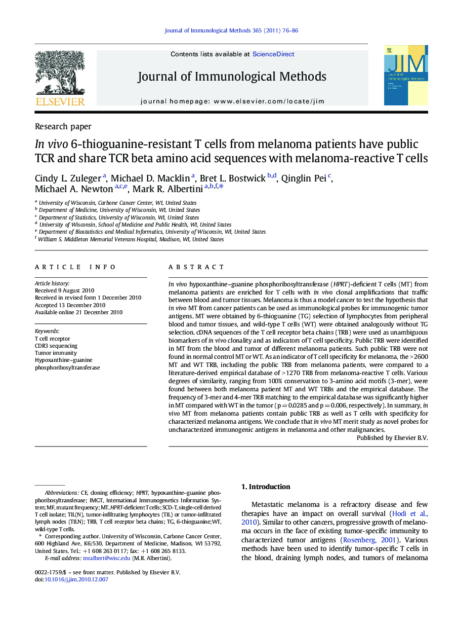 In vivo 6-thioguanine-resistant T cells from melanoma patients have public TCR and share TCR beta amino acid sequences with melanoma-reactive T cells