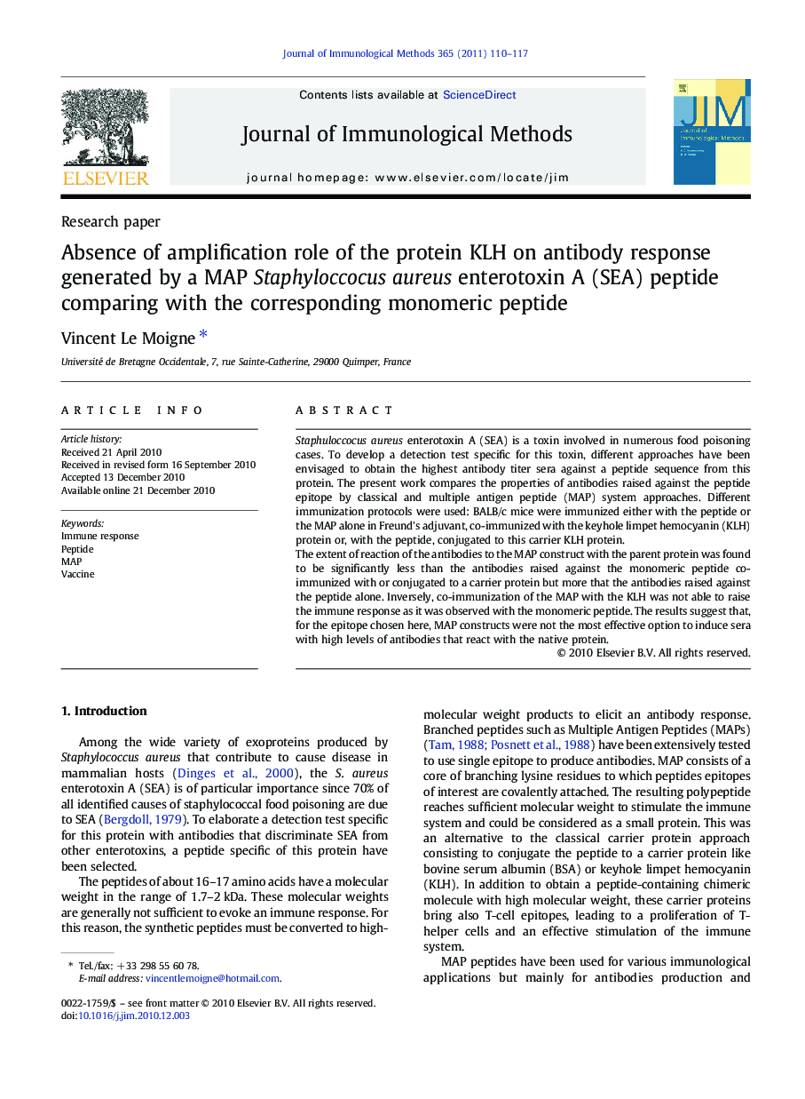 Absence of amplification role of the protein KLH on antibody response generated by a MAP Staphyloccocus aureus enterotoxin A (SEA) peptide comparing with the corresponding monomeric peptide