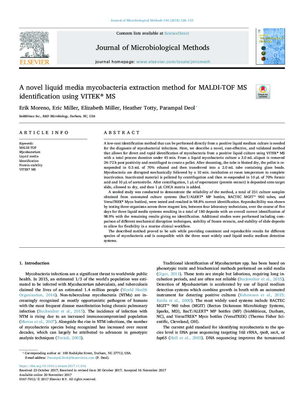 A novel liquid media mycobacteria extraction method for MALDI-TOF MS identification using VITEK® MS