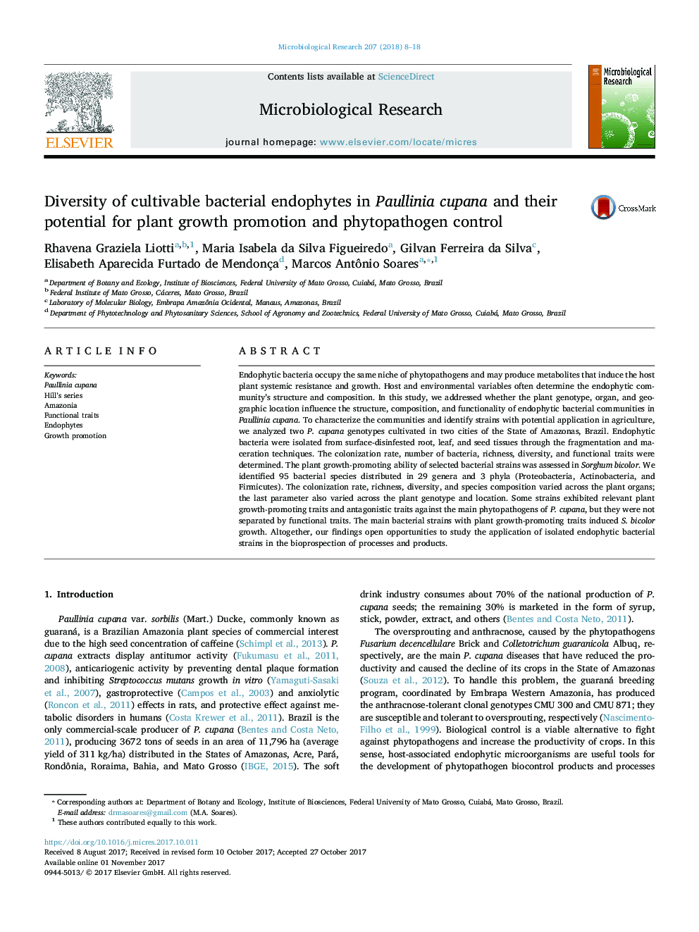 Diversity of cultivable bacterial endophytes in Paullinia cupana and their potential for plant growth promotion and phytopathogen control