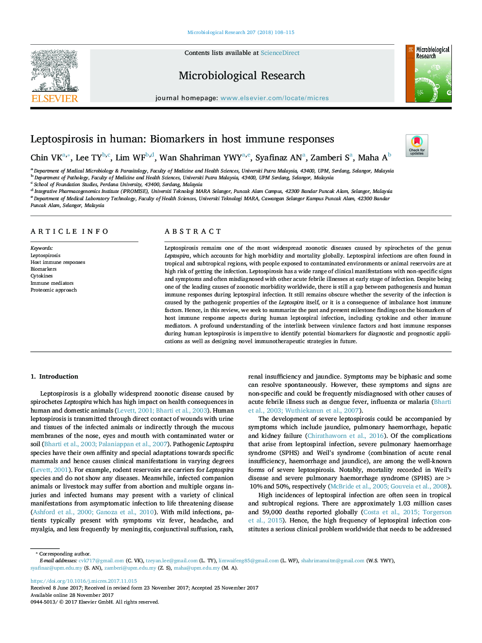 Leptospirosis in human: Biomarkers in host immune responses
