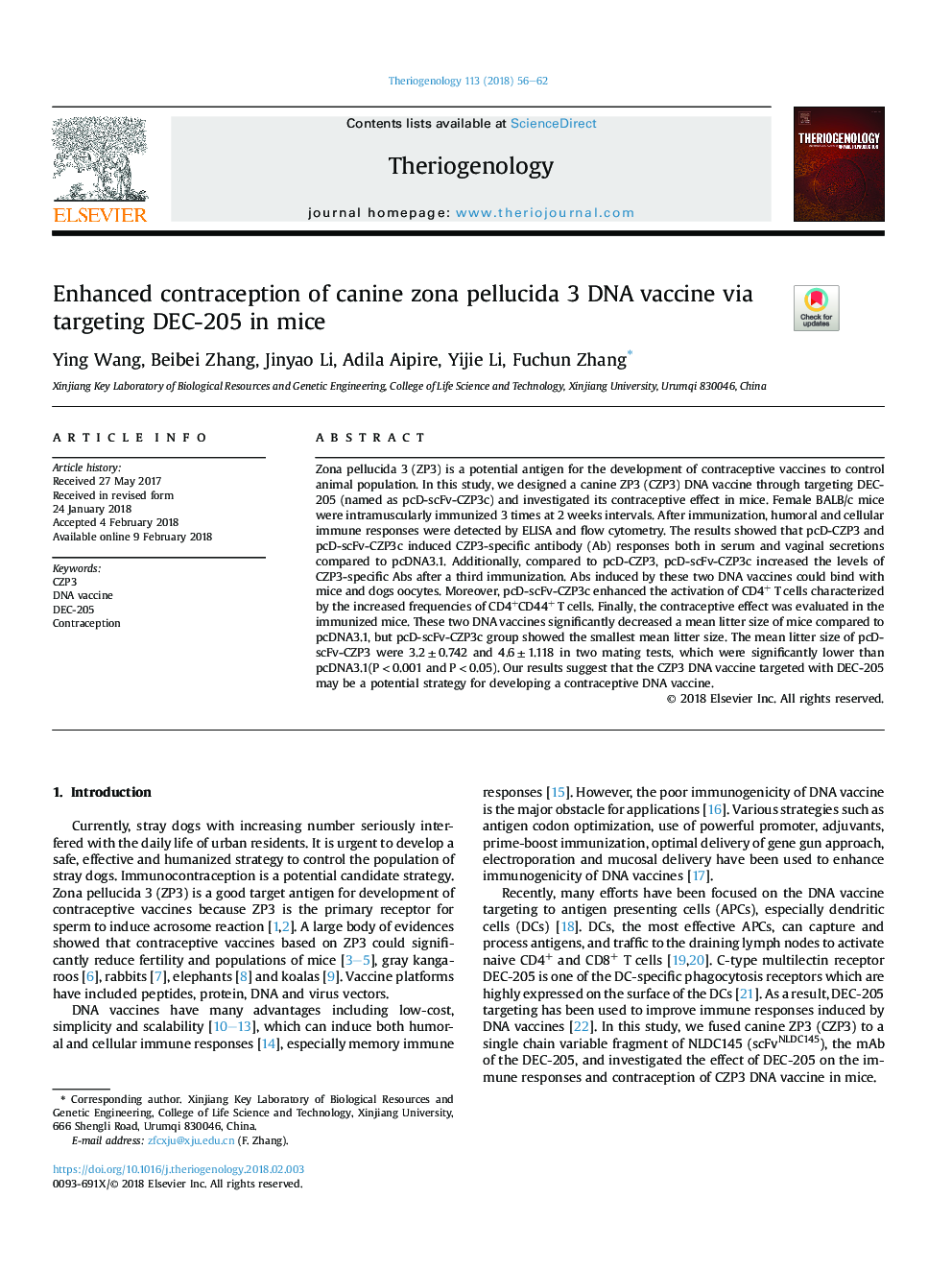 Enhanced contraception of canine zona pellucida 3 DNA vaccine via targeting DEC-205 in mice