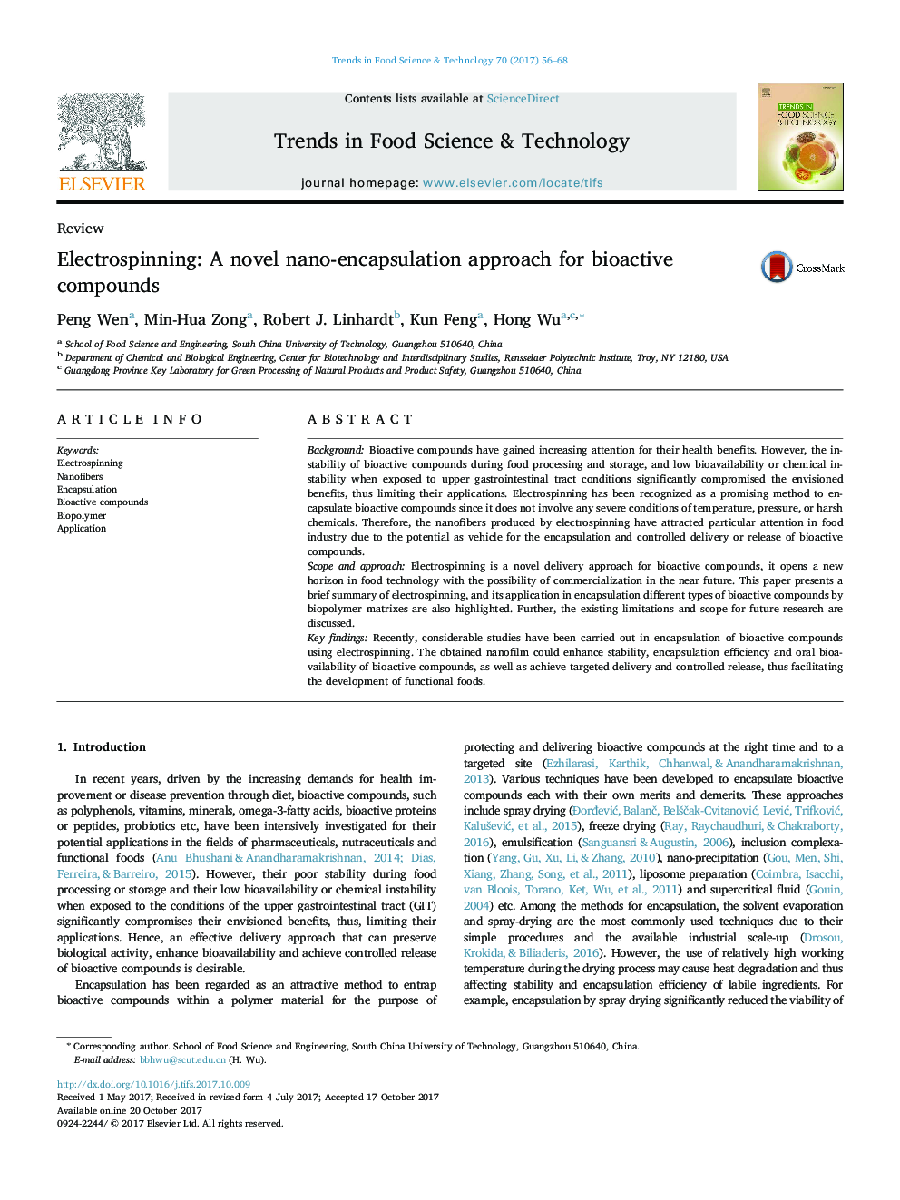 Electrospinning: A novel nano-encapsulation approach for bioactive compounds