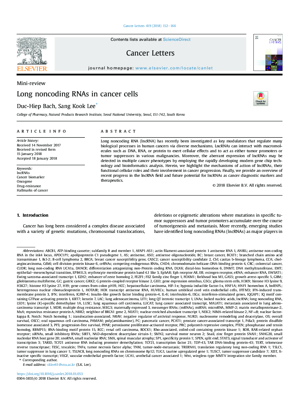 Long noncoding RNAs in cancer cells