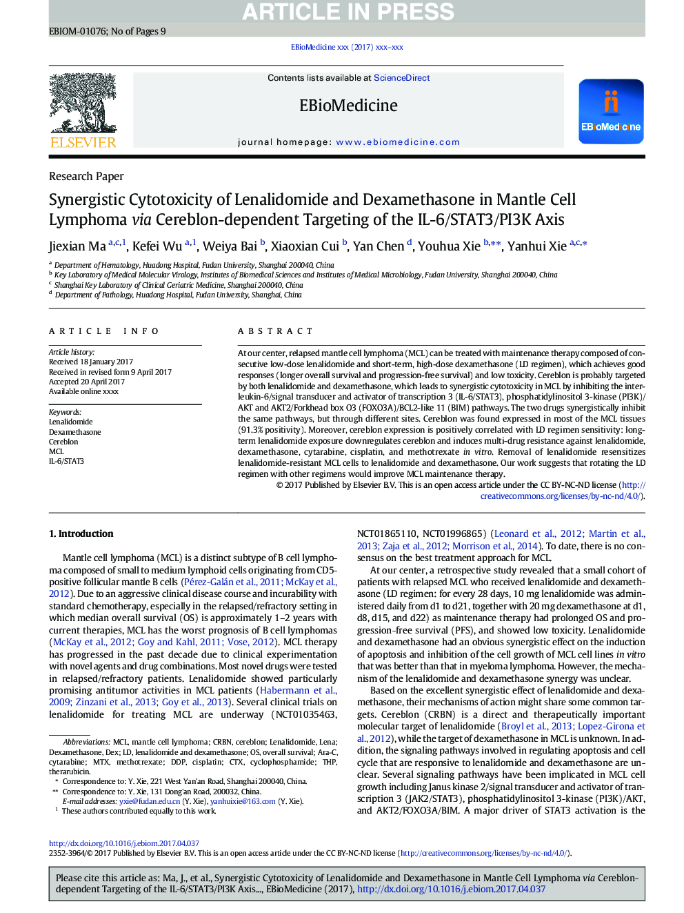 Synergistic Cytotoxicity of Lenalidomide and Dexamethasone in Mantle Cell Lymphoma via Cereblon-dependent Targeting of the IL-6/STAT3/PI3K Axis