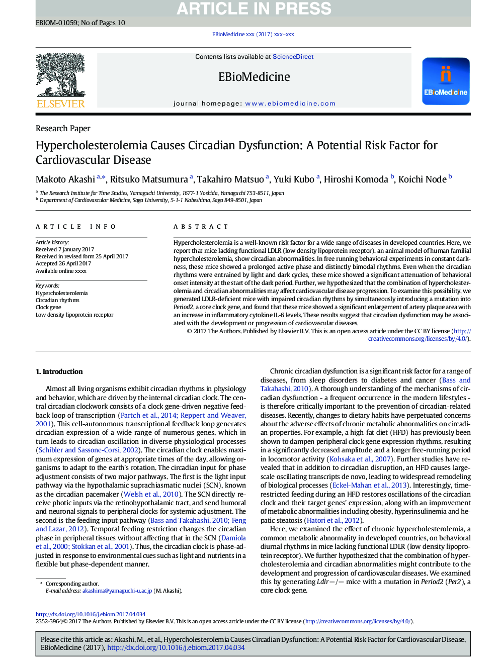 Hypercholesterolemia Causes Circadian Dysfunction: A Potential Risk Factor for Cardiovascular Disease