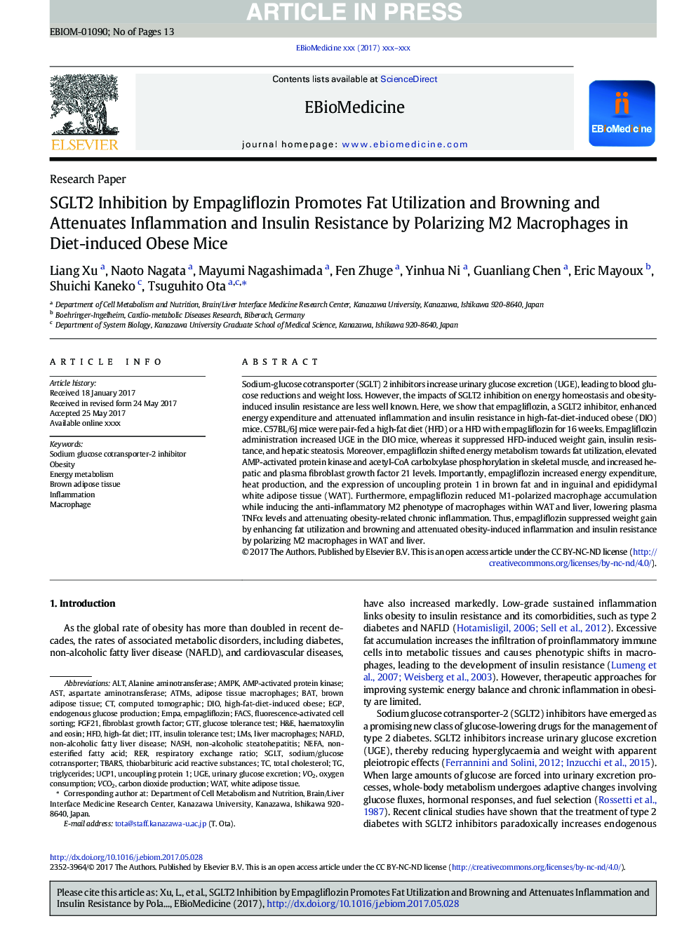 SGLT2 Inhibition by Empagliflozin Promotes Fat Utilization and Browning and Attenuates Inflammation and Insulin Resistance by Polarizing M2 Macrophages in Diet-induced Obese Mice