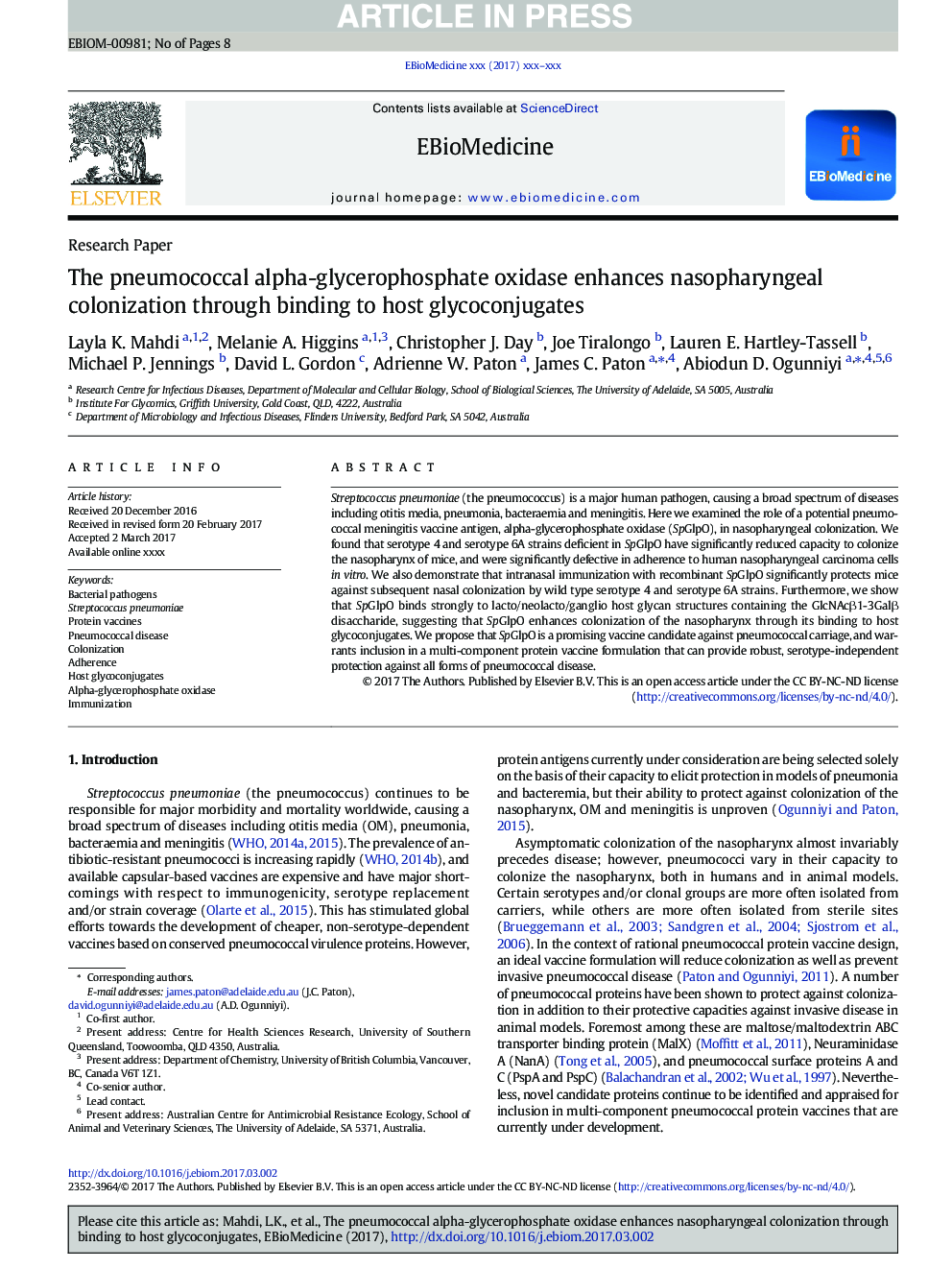 آلفا-گلیسروفسفات اکسیداز پنوموکوک آلزایمر نازوفارنکس را از طریق اتصال به گلیکوکونژوگهات میزبان افزایش می دهد 