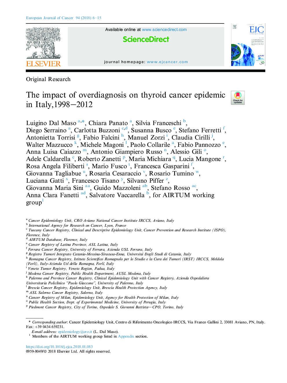 تأثیر تشخیص بیش از حد بر اپیدمی های سرطان تیروئید در ایتالیا، 1998-2012 